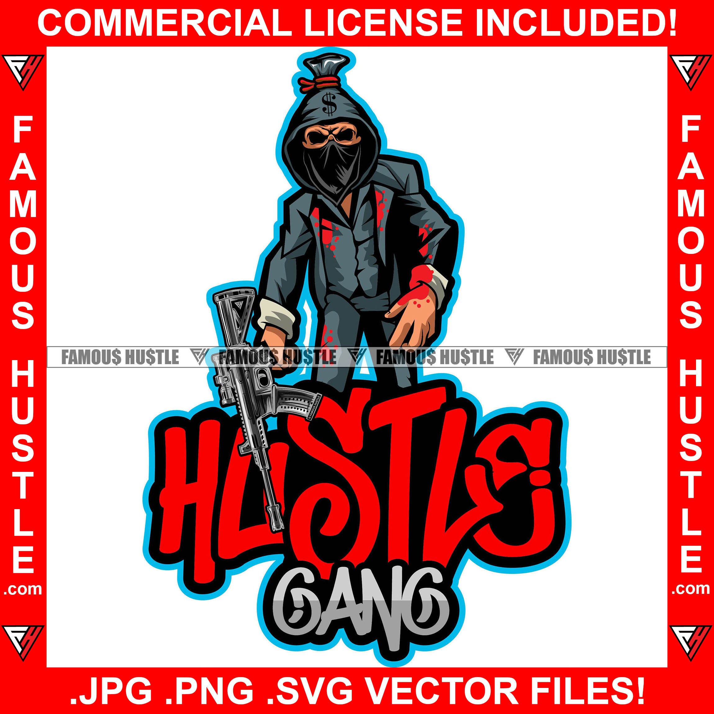 Hustle Money Bag Cartoon Character Scar Face Skull Hoodie Face Mask Blood Bloody Suit Hoodie Machine Gun Hip Hop Trap Street Hood Ghetto Swag Thug Boss Hustler Drip Famous Quote Art Graphic Design Logo T-Shirt Print Printing JPG PNG SVG Vector Cut File