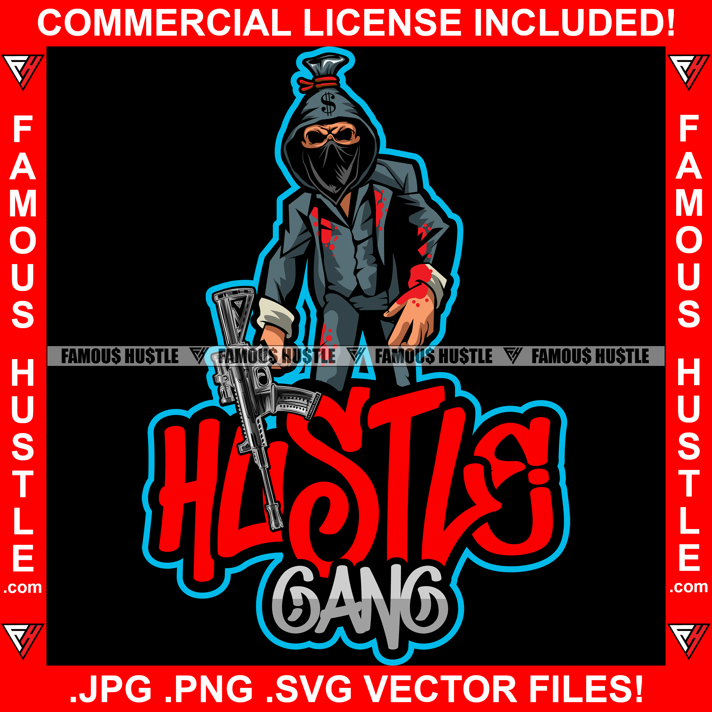 Hustle Money Bag Cartoon Character Scar Face Skull Hoodie Face Mask Blood Bloody Suit Hoodie Machine Gun Hip Hop Trap Street Hood Ghetto Swag Thug Boss Hustler Drip Famous Quote Art Graphic Design Logo T-Shirt Print Printing JPG PNG SVG Vector Cut File