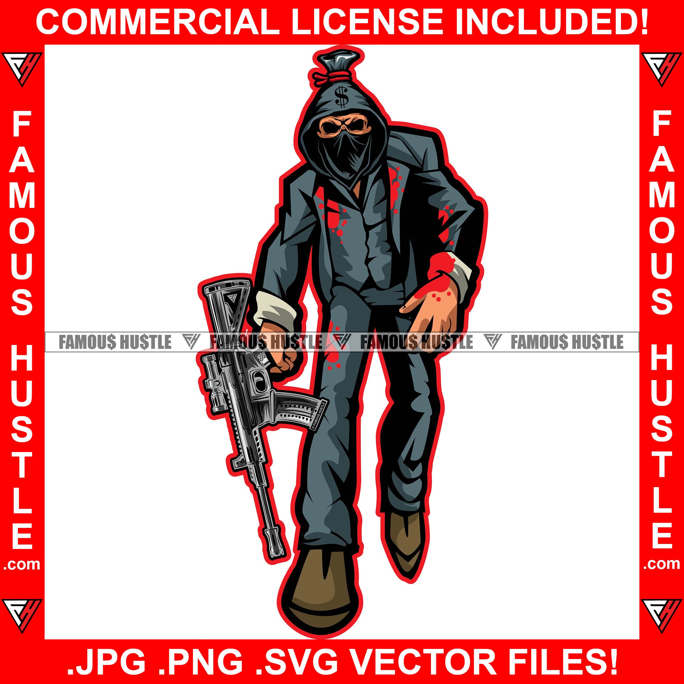 Money Bag Cartoon Character Scar Face Skull Hoodie Face Mask Blood Bloody Suit Hoodie Machine Gun Hip Hop Plug Trap Street Hood Ghetto Swag Thug Boss Hustler Drip Famous Hustle Art Graphic Design Logo T-Shirt Print Printing JPG PNG SVG Vector Cut File