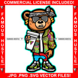 Famous Hustle Gangster Teddy Bear Head Paisley Bandanna Sunglasses Dollar Sign Earrings Drinking Liquid Thug Hitman Gold Jewelry Hustler Hustling Mafia Mob Trap Art Graphic Design Logo T-Shirt Print Printing JPG PNG SVG Vector Cut File