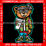 Famous Hustle Gangster Teddy Bear Head Paisley Bandanna Sunglasses Dollar Sign Earrings Drinking Liquid Thug Hitman Gold Jewelry Hustler Hustling Mafia Mob Trap Art Graphic Design Logo T-Shirt Print Printing JPG PNG SVG Vector Cut File