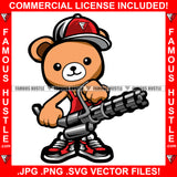 Super Cute Famous Hustle Gangster Teddy Bear Cartoon Character Gatling Machine Gun Sneakers Baseball Hat Bap Hip Hop Rap Plug Trap Street Hood Ghetto Thug Hustler Hustling Drip Savage Rich Art Graphic Design Logo Print Printing Vector SVG Cut File