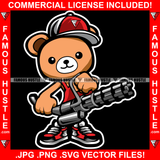 Super Cute Famous Hustle Gangster Teddy Bear Cartoon Character Gatling Machine Gun Sneakers Baseball Hat Bap Hip Hop Rap Plug Trap Street Hood Ghetto Thug Hustler Hustling Drip Savage Rich Art Graphic Design Logo Print Printing Vector SVG Cut File