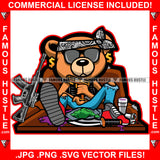 Gangster Teddy Bear Head Bandanna Sunglasses Cash Money Stacks Thug Gold Necklace Gund Drugs Knife Hustler Hustling Mafia Mob Trap Rapper Dope Baller Rich Art Graphic Design Logo T-Shirt Print Printing JPG PNG SVG Vector Cut File
