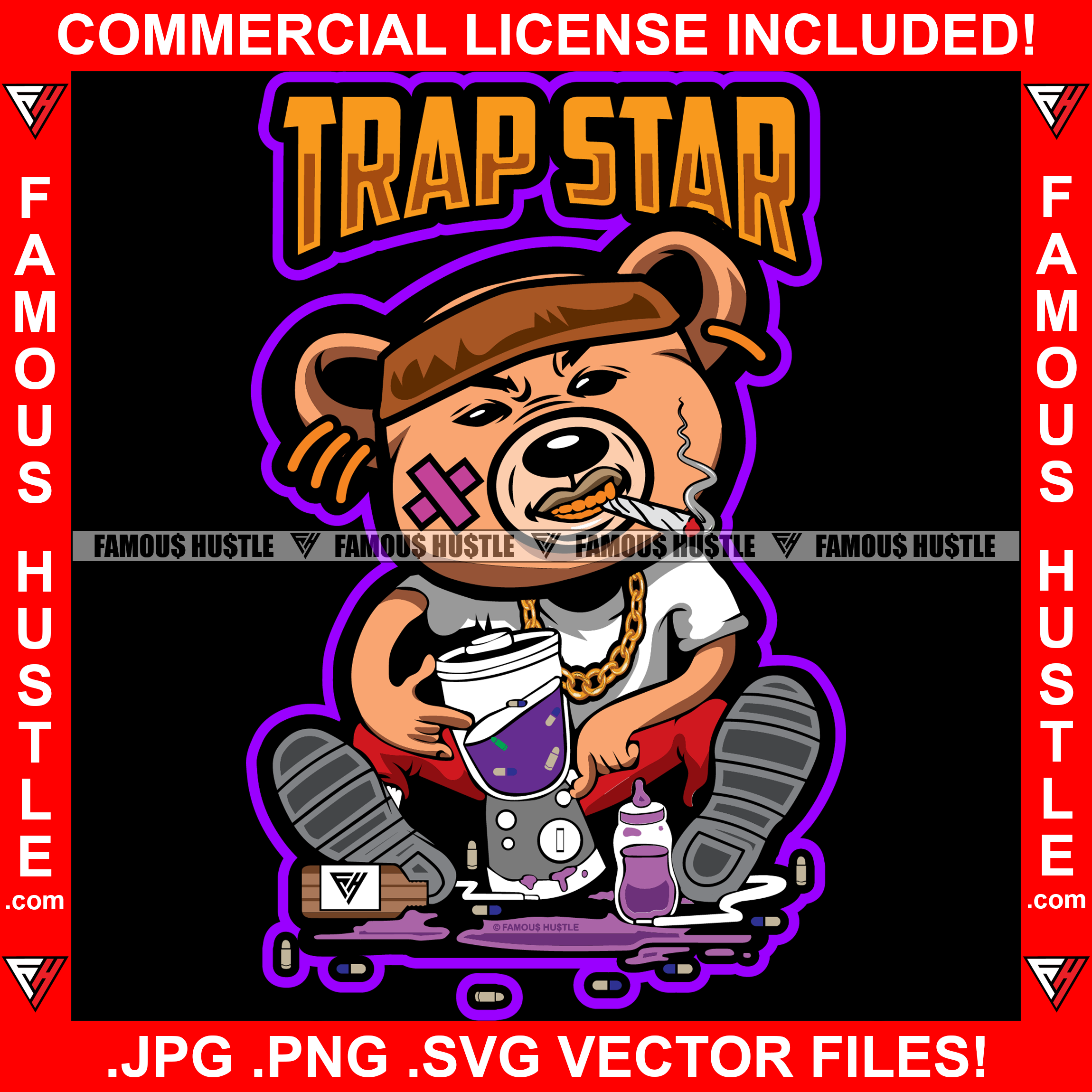 Trap Star Crazy Gangster Teddy Bear Blending Purple Drink Lean Cup Gold Teeth Scar Face Bandage Gold Chain Necklace Hip Hop Rap Rapper Plug Trap Street Hood Ghetto Swag Quote Art Graphic Design Logo T-Shirt Print Printing JPG PNG SVG Vector Cut File