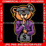 Gangster Teddy Bear Head Bandanna Black Glasses Dollar Sign Earrings Cash Money Bag Shhh Finger Sign Hip Hop Rap Plug Trap Street Hood Ghetto Swag Thug Famous Hustle Art Graphic Design Logo T-Shirt Print Printing JPG PNG SVG Vector Cut File