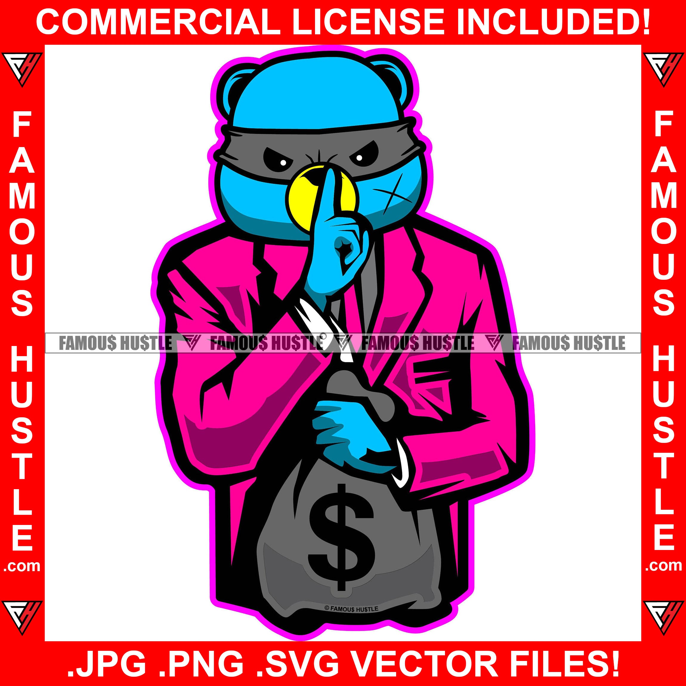 Gangster Teddy Bear Boss Mean Face Burglar Eye Mask Cash Money Bag Shhhh Sign Hip Hop Street Hood Ghetto Thug Hustler Hustling Drip Dripping Savage Famous Hustle Art Graphic Design Print Printing Vector SVG Cut File