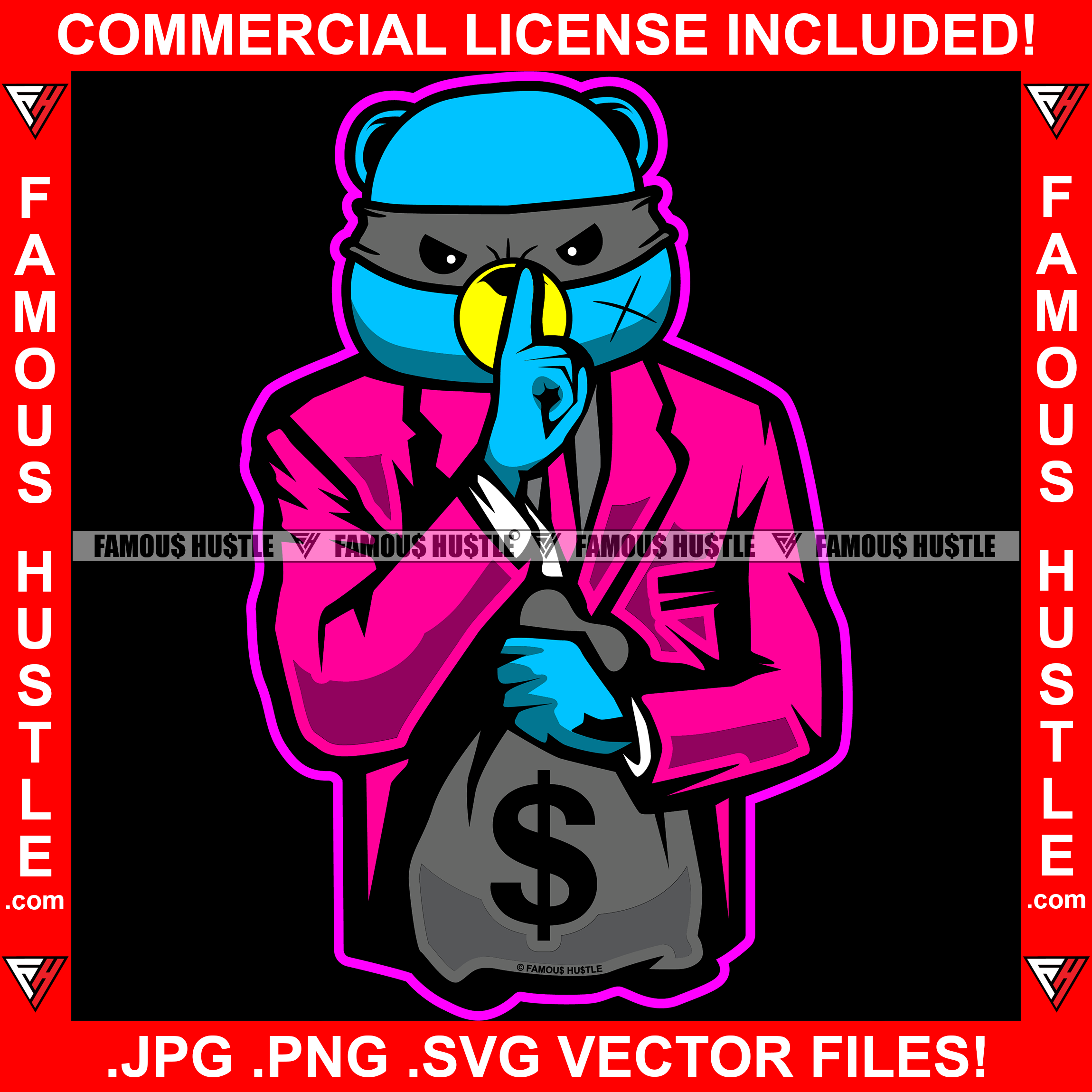 Gangster Teddy Bear Boss Mean Face Burglar Eye Mask Cash Money Bag Shhhh Sign Hip Hop Street Hood Ghetto Thug Hustler Hustling Drip Dripping Savage Famous Hustle Art Graphic Design Print Printing Vector SVG Cut File