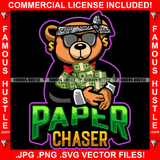 Paper Chaser Gangster Teddy Bear Head Bandanna Black Glasses Dollar Sign Earrings Cash Money Bundles Hip Hop Rap Plug Trap Street Hood Ghetto Swag Thug Famous Hustle Quote Art Graphic Design Logo T-Shirt Print Printing JPG PNG SVG Vector Cut File