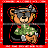 Paper Chaser Gangster Teddy Bear Head Bandanna Black Glasses Dollar Sign Earrings Cash Money Bundles Hip Hop Rap Plug Trap Street Hood Ghetto Swag Thug Famous Hustle Art Graphic Design Logo T-Shirt Print Printing JPG PNG SVG Vector Cut File