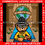 The World Is Yours Rich Gangster Teddy Bear Bandanna Dread Locks Gold Chain Cash Money Stacks Marijuana Cigar Blunt Mansion Hip Hop Rap Trap Street Hood Thug Famous Hustle Rich Art Graphic Design Logo T-Shirt Print Printing JPG PNG SVG Vector Cut File