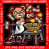 Famous Hustle Gangster Drug Dealer Teddy Bear White Eyes Smoke Cigar Cooking Gold Coins Tattoo Hip Hop Rap Hustler Trap Hood Thug Gang Street Ghetto Art Graphic Design Logo T-Shirt Print Printing JPG PNG SVG Vector Cut File