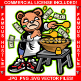 Famous Hustle Gangster Drug Dealer Teddy Bear White Eyes Smoke Cigar Cooking Gold Coins Tattoo Hip Hop Rap Hustler Trap Hood Thug Gang Street Ghetto Art Graphic Design Logo T-Shirt Print Printing JPG PNG SVG Vector Cut File
