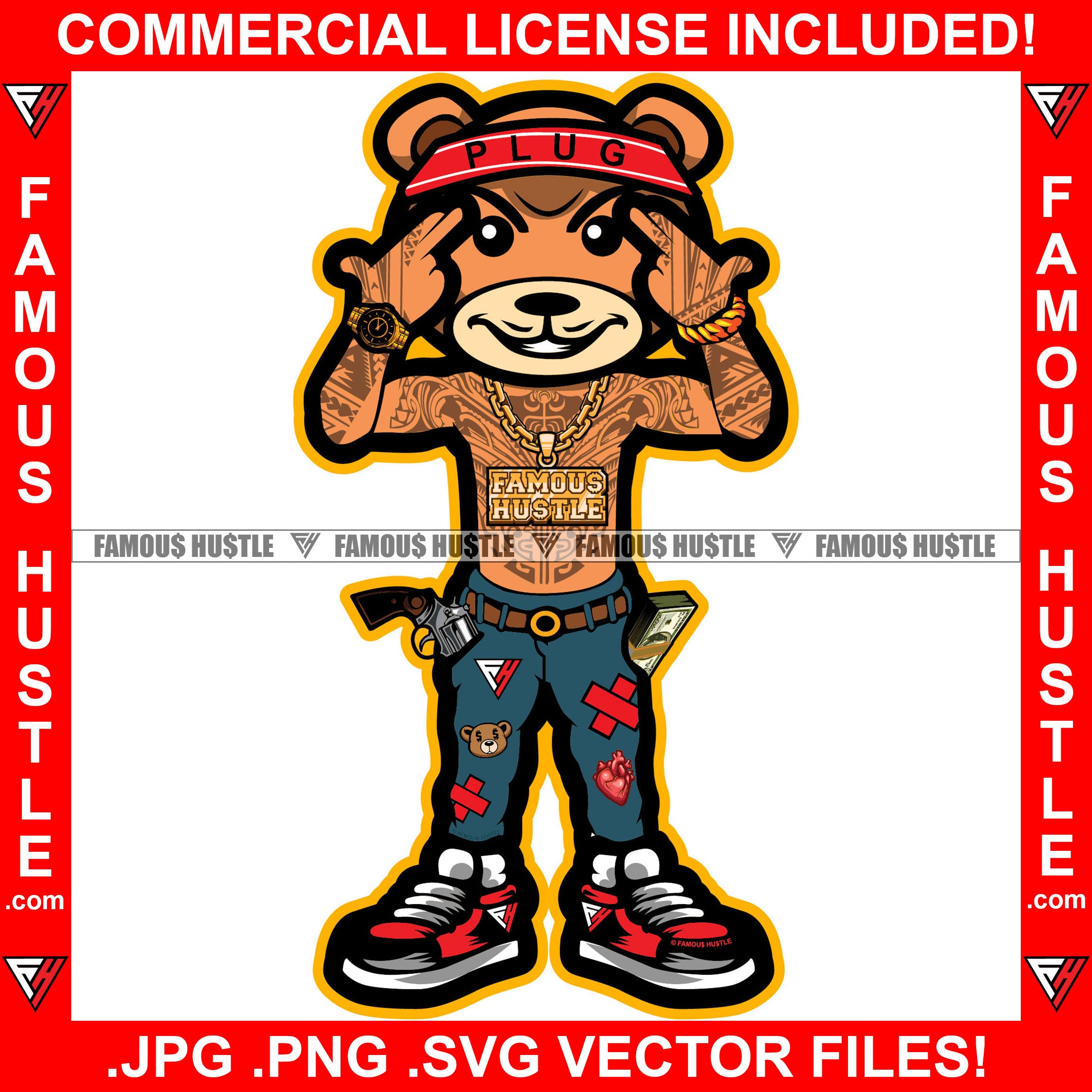 Gangster Teddy Bear Mean Face Plug Headband Gold Chain Tattoo Cash Gun In Pocket Sign Money Jeans Hip Hop Rap Rapper Plug Trap Street Hood Ghetto Thug Hustler Hustling Flex Drip Boss Famous Hustle Art Graphic Design Logo Print Printing Vector SVG Cut File