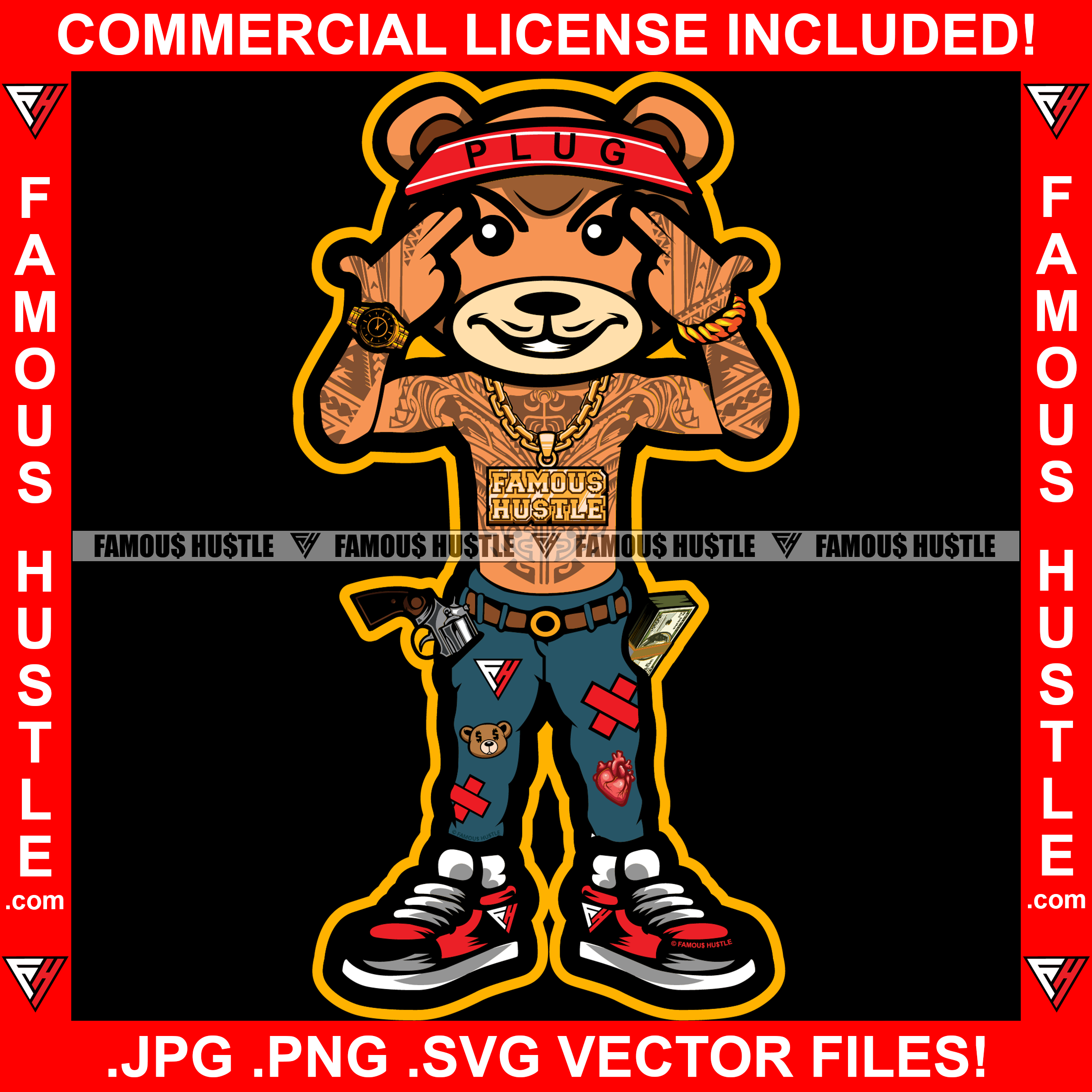 Gangster Teddy Bear Mean Face Plug Headband Gold Chain Tattoo Cash Gun In Pocket Sign Money Jeans Hip Hop Rap Rapper Plug Trap Street Hood Ghetto Thug Hustler Hustling Flex Drip Boss Famous Hustle Art Graphic Design Logo Print Printing Vector SVG Cut File