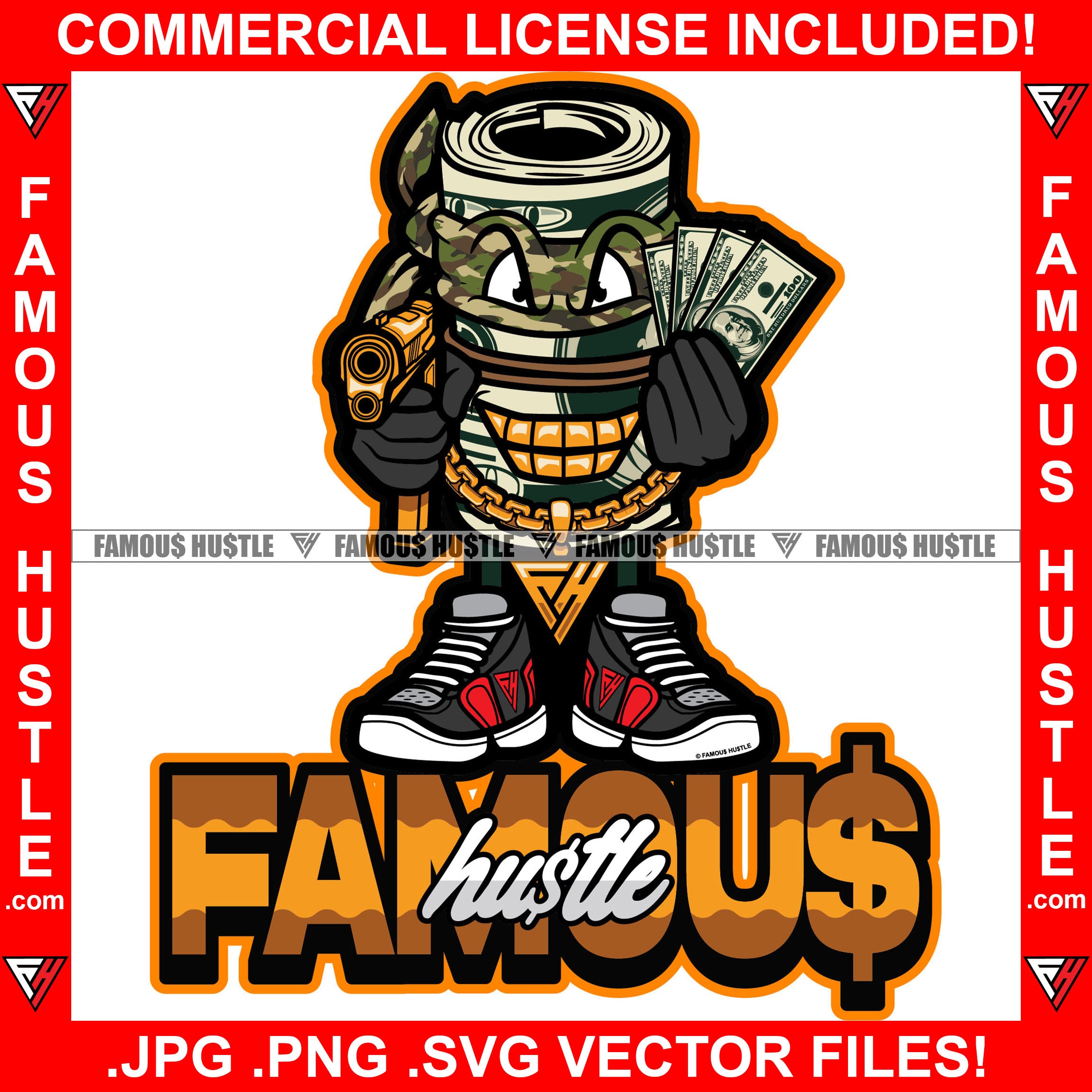 Famous Hustle Gangster $100 Dollar Bill Money Roll Cartoon Character Gold Teeth Camouflage Camo Burglar Mask Gun Chain Cash Hip Hop Hat Cap Hip Hop Rap Drip Plug Trap Hood Tattoo Ghetto Quote Art Graphic Design Logo Print Printing Vector SVG Cut File