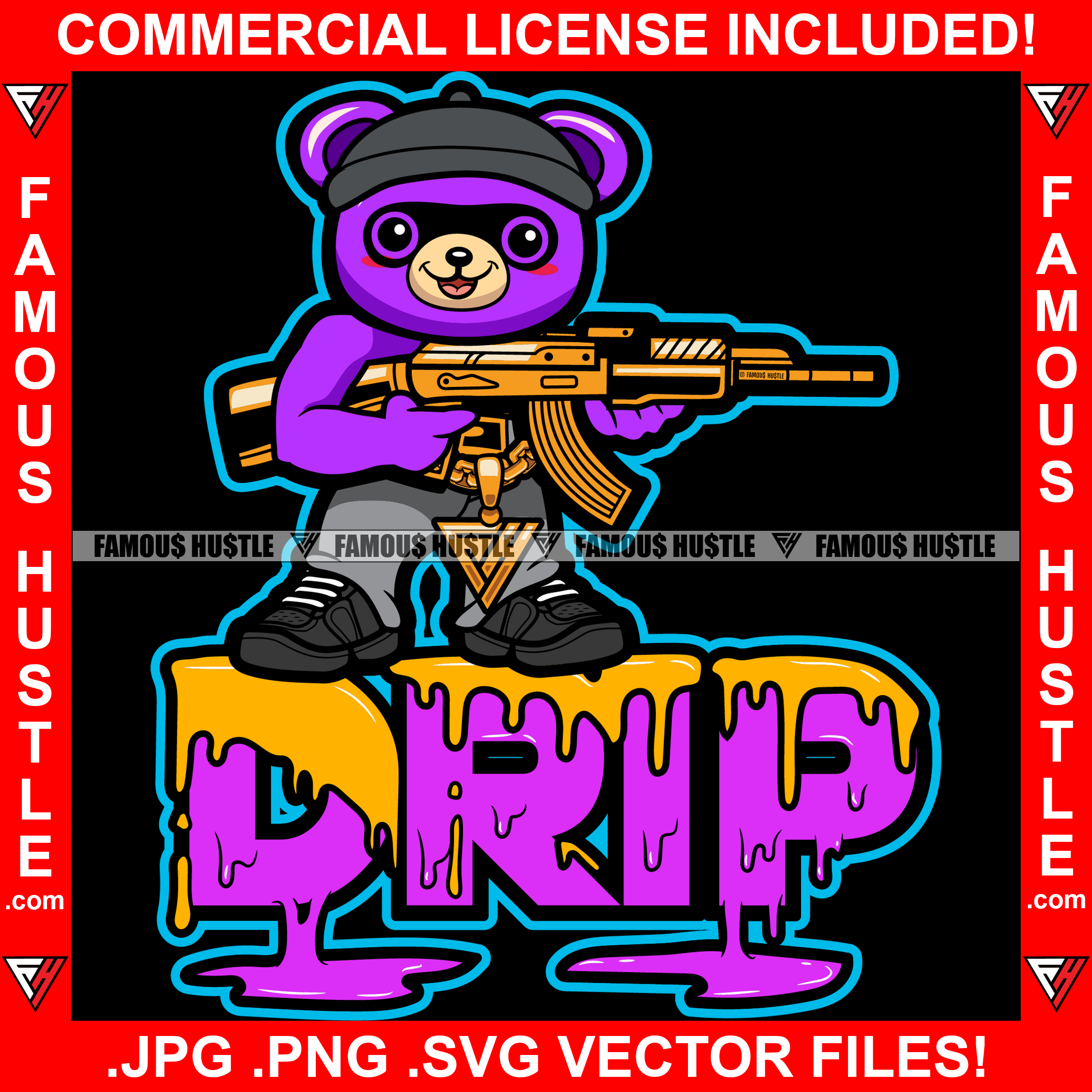 Drip Gangster Purple Teddy Bear Smiling Happy Robber Mask Thief Hat Burglar Cap Gold Jewelry Machine Gun Hip Hop Rap Hustler Burglar Hustling Famous Hustle Quote Art Graphic Design Logo T-Shirt Print Printing JPG PNG SVG Vector Cut File