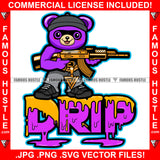 Drip Gangster Purple Teddy Bear Smiling Happy Robber Mask Thief Hat Burglar Cap Gold Jewelry Machine Gun Hip Hop Rap Hustler Burglar Hustling Famous Hustle Quote Art Graphic Design Logo T-Shirt Print Printing JPG PNG SVG Vector Cut File
