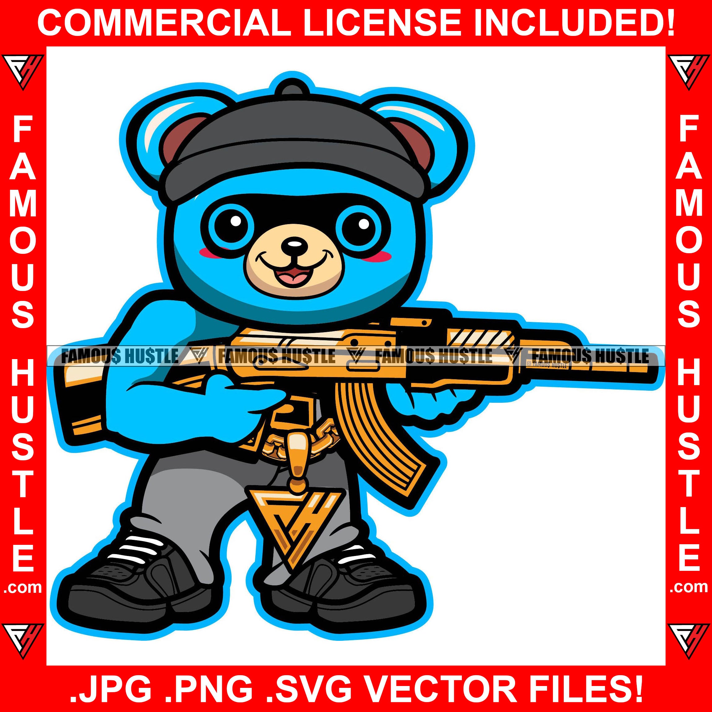 Famous Hustle Super Cute Gangster Teddy Bear Smiling Happy Burglar Thief Cap Robber Hat Gold Jewelry Machine Gun Black Hip Hop Rap Hustler Demon Rapper Dope Baller Trapper Hustling Art Graphic Design Logo T-Shirt Print Printing JPG PNG SVG Vector Cut File