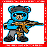 Famous Hustle Super Cute Gangster Teddy Bear Smiling Happy Burglar Thief Cap Robber Hat Gold Jewelry Machine Gun Black Hip Hop Rap Hustler Demon Rapper Dope Baller Trapper Hustling Art Graphic Design Logo T-Shirt Print Printing JPG PNG SVG Vector Cut File