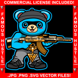Famous Hustle Super Cute Gangster Teddy Bear Smiling Happy Burglar Thief Cap Robber Hat Gold Jewelry Machine Gun Black Hip Hop Rap Hustler Demon Rapper Dope Baller Trapper Hustling Art Graphic Design Logo T-Shirt Print Printing JPG PNG SVG Vector Cut File