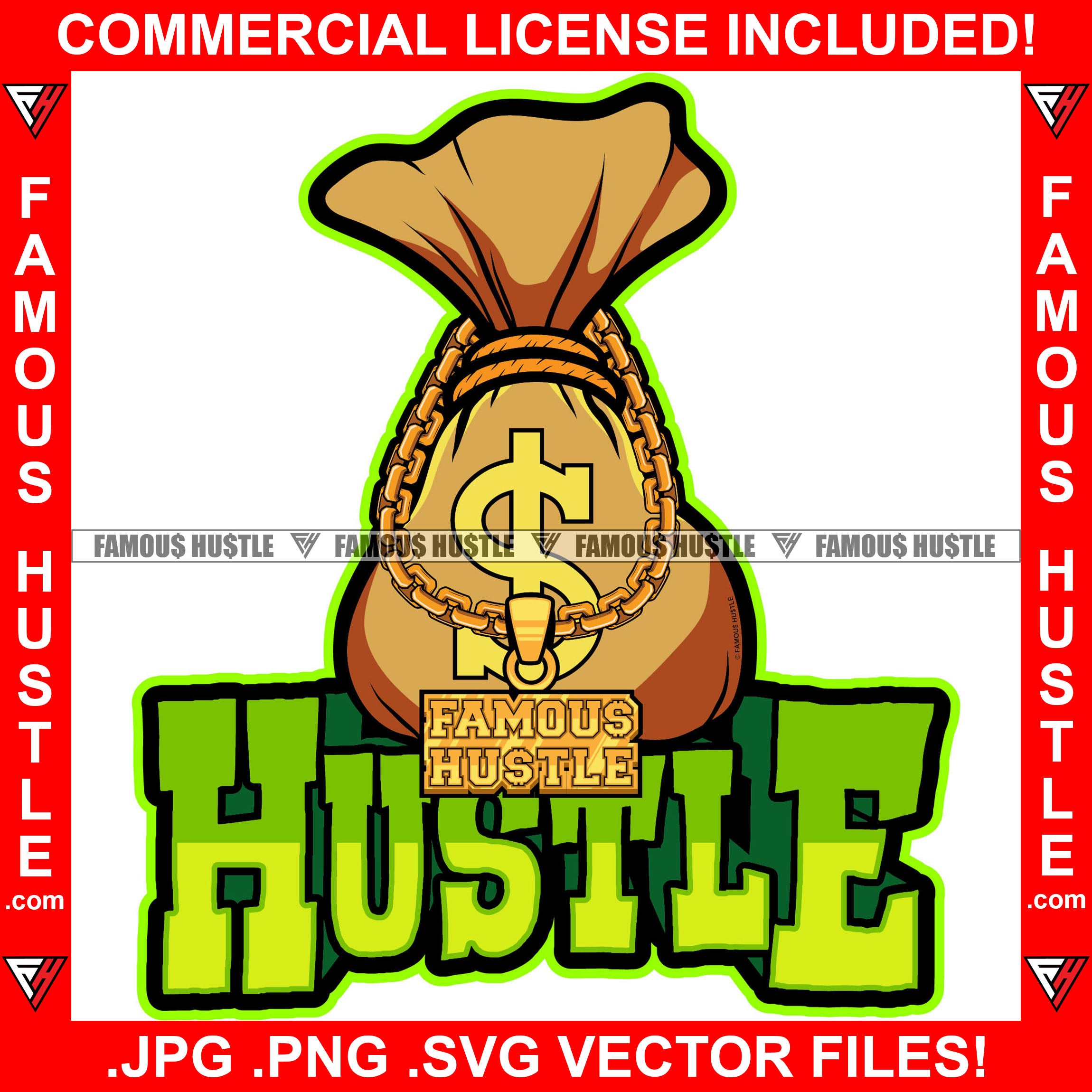 Famous Hustle Cash Money Bag Cartoon Character Gold Chain Necklace Famous Hustle Tattoo Hip Hop Rap Rapper Plug Trap Street Hood Ghetto Swag Thug Hustler Hustling Flex Drip Quote Art Graphic Design Logo T-Shirt Print Printing JPG PNG SVG Vector Cut File