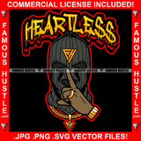 Heartless Black Gangster Ski Mask Wearing Gold Jewelry Shhh Finger Sign Hand Gesture Hip Hop Rap Rapper Plug Trap Street Hood Ghetto Thug Hustler Hustling Drip Famous Hustle Quote Art Graphic Design Logo T-Shirt Print Printing JPG PNG SVG Vector Cut File