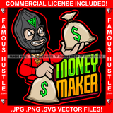 Money Maker Gangster Man Mean Face Black Ski Mask Two Cash Money Bags Gold Jewelry Robber Face Mask Rap Rapper Plug Trap Street Hood Swag Thug Girl Hustler Lady Drip Quote Art Graphic Design Logo T-Shirt Print Printing JPG PNG SVG Vector Cut File