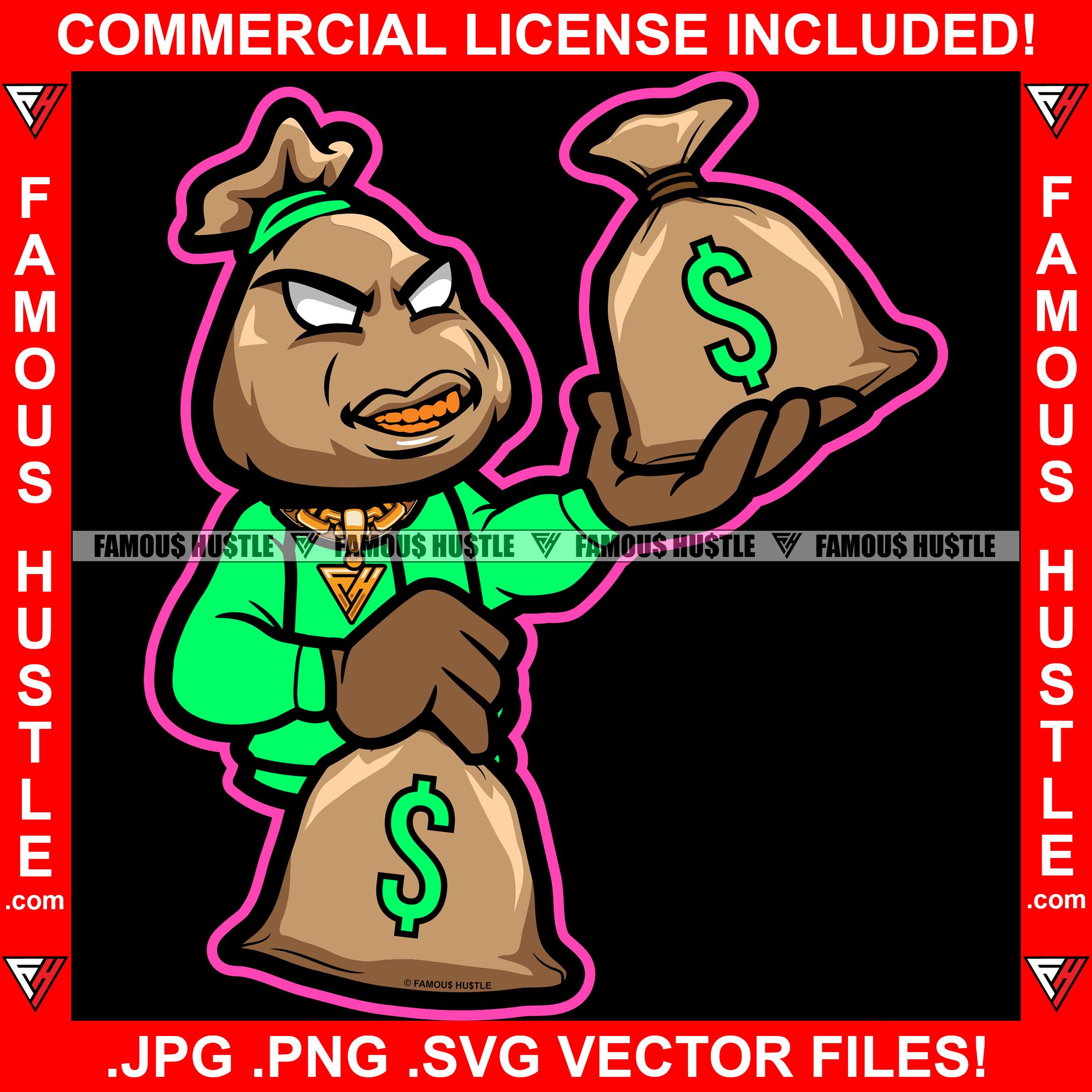 Money Bag Cartoon Character No Eyes Mean Face Gold Teeth Jewelry Necklace Big Cash Bags Tattoo Plug Hood Ghetto Swag Thug Drip Dripping Famous Hustle Art Graphic Design Logo T-Shirt Print Printing JPG PNG SVG Vector Cut File