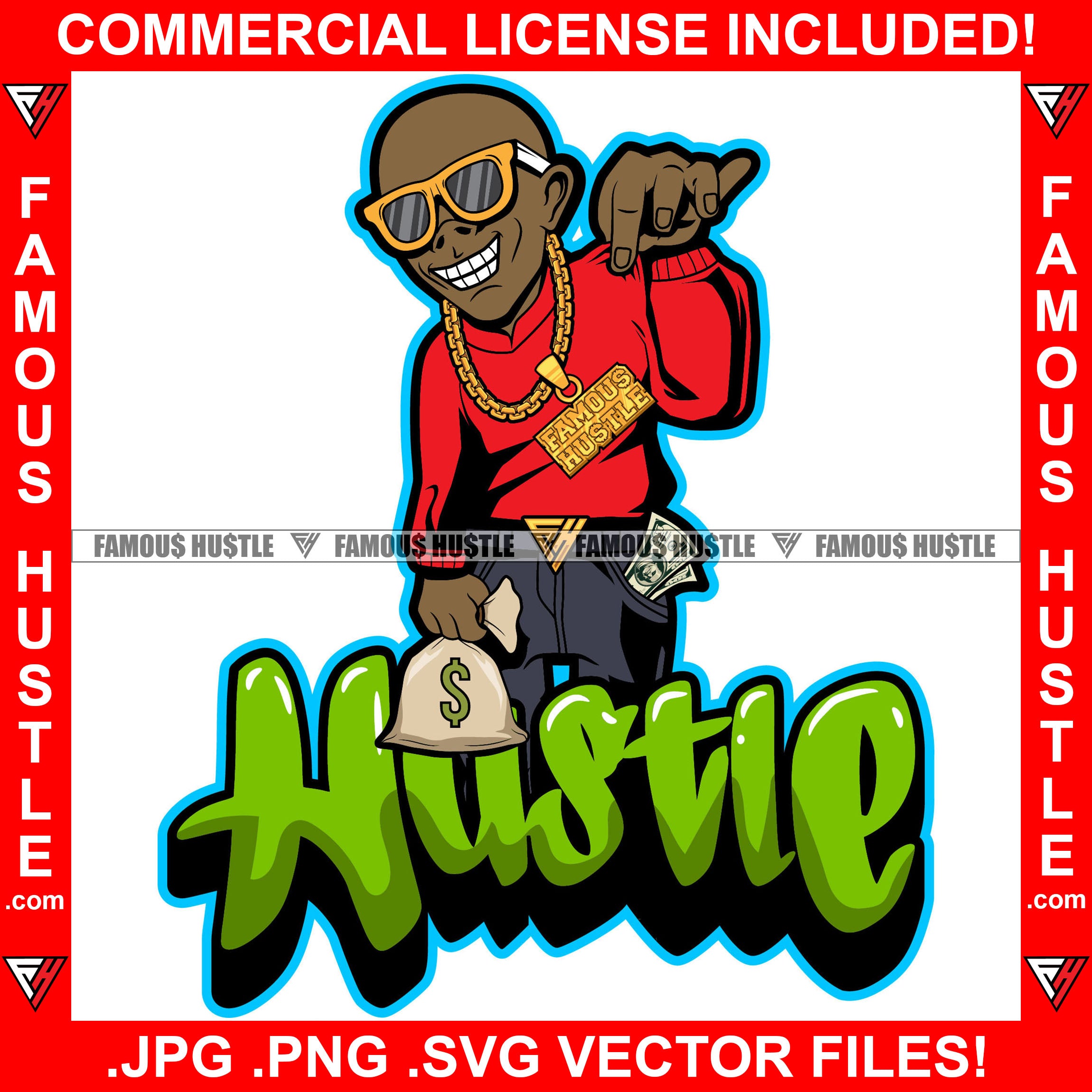 Hustle Gangster Bald Man Gold Jewelry Cash Money Bag Hip Hop Rap Trap Street Hood Ghetto Thug Boss Hustler Hustling Drip Dripping Famous Hustle Rich Quote Art Graphic Design Logo T-Shirt Print Printing JPG PNG SVG Vector Cut File