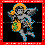 Bag Religion Gangster Angel Statue Wings Holding Cash Money Machine Gun Famous Hustle Hip Hop Rap Rapper Plug Trap Street Hood Ghetto Swag Thug Boss Hustler Hustling Drip Art Graphic Design Logo T-Shirt Print Printing JPG PNG SVG Vector Cut File
