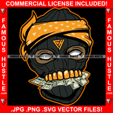 Black Ski Mask Gangster Man Mean Face Gold Teeth Eating Cash Money White Eyes Hip Hop Rap Plug Trap Street Hood Ghetto Swag Thug Drip Dripping Famous Hustle Baller Art Graphic Design Logo T-Shirt Print Printing JPG PNG SVG Vector Cut File