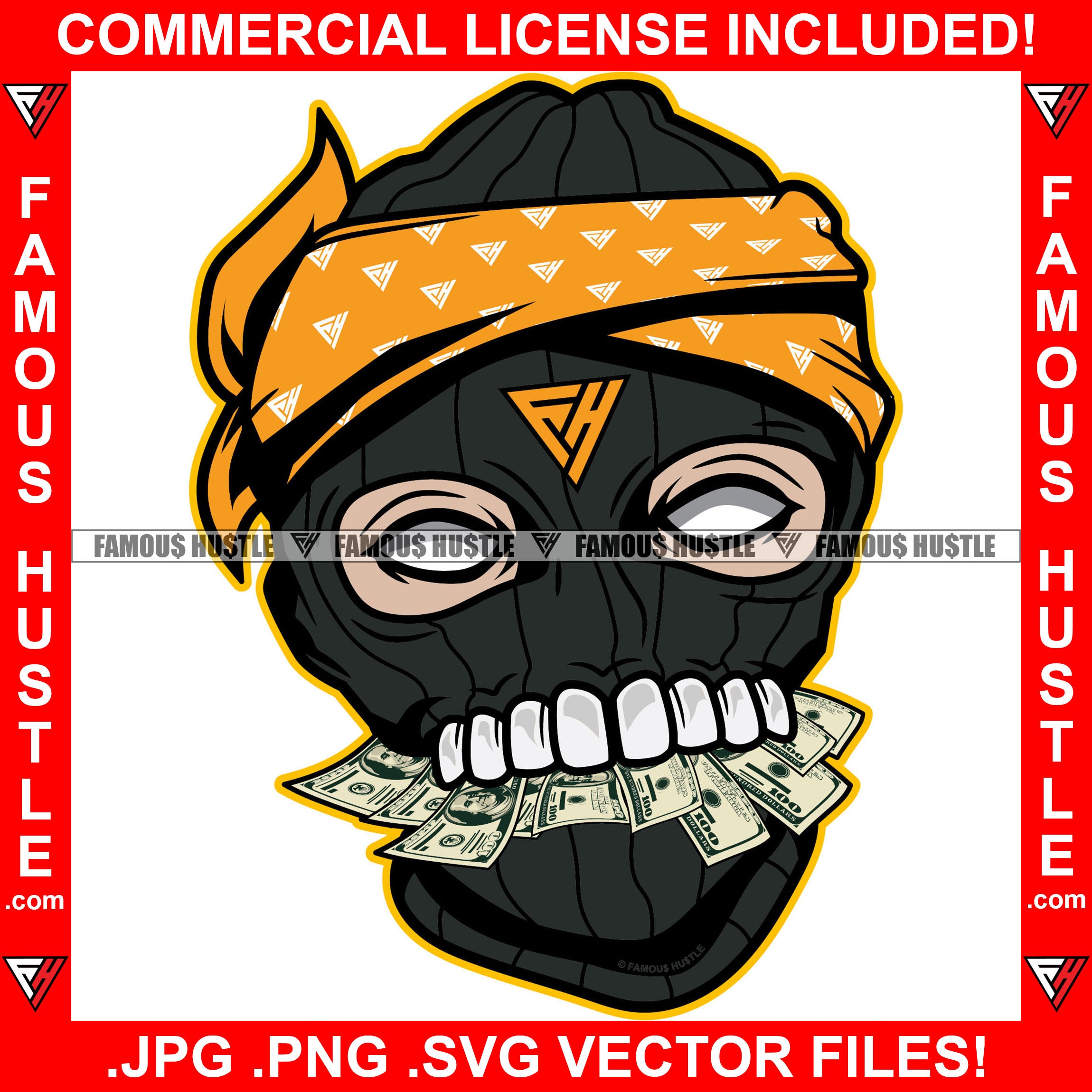 Black Ski Mask Gangster Man Mean Face Gold Teeth Eating Cash Money White Eyes Hip Hop Rap Plug Trap Street Hood Ghetto Swag Thug Drip Dripping Gang Member Famous Hustle Art Graphic Design Logo T-Shirt Print Printing JPG PNG SVG Vector Cut File