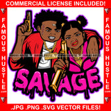 Pink Savage Two Babies Gangster Boy And Girl Mean Scar Face Gold Gund Jewelry Teeth Pig Tail Female Hair Gang Sign Gesture Hip Hop Street Hood Ghetto Thug Hustler Drip Famous Quote Art Graphic Design Logo T-Shirt Print Printing JPG PNG SVG Vector Cut File