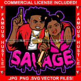 Pink Savage Two Babies Gangster Boy And Girl Mean Scar Face Gold Gund Jewelry Teeth Pig Tail Female Hair Gang Sign Gesture Hip Hop Street Hood Ghetto Thug Hustler Drip Famous Quote Art Graphic Design Logo T-Shirt Print Printing JPG PNG SVG Vector Cut File