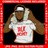 Talk Money Gangster Black Man Gold Teeth Holding Cell Phone Cash Stacks Tattoo Hip Hop Rap Hustler Drip Trap Hood Thug Street Mafia Mob Ghetto Famous Hustle Art Graphic Design Logo T-Shirt Print Printing JPG PNG SVG Vector Cut File