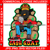 Cash G.O.A.T Gangster Greatest Of All Time Goat King Cartoon Character Glowing Eyes Gold Jewelry Sneakers Sitting Money Bags Stack Hip Hop Rap Hustler Trap Hood Thug Street Quote Art Graphic Design Logo T-Shirt Print Printing JPG PNG SVG Vector Cut File