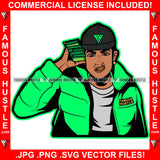 Money Talk Gangster Man Cash Money Stack Phone Green Coat Plug Trap Mean Face Hip Hop Rap Hustler Drip Hood Tattoo Cartoon Character Ghetto Famous Hustle Art Graphic Design Logo Print Printing Vector SVG Cut File
