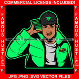 Money Talk Gangster Man Cash Money Stack Phone Green Coat Plug Trap Mean Face Hip Hop Rap Hustler Drip Hood Tattoo Cartoon Character Ghetto Famous Hustle Art Graphic Design Logo Print Printing Vector SVG Cut File