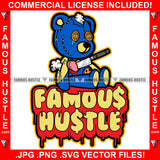 Famous Hustle Cute Gangster Horror Beat Up Teddy Bear Scar Face Toy Torn Broken Staples Patches Head Stapled Patched Stuff Coming Out Knife In Heart Tears Eyes Cash Tattoo Hip Hop Rap Trap Quote Art Graphic Design Logo Print Printing Vector SVG Cut File