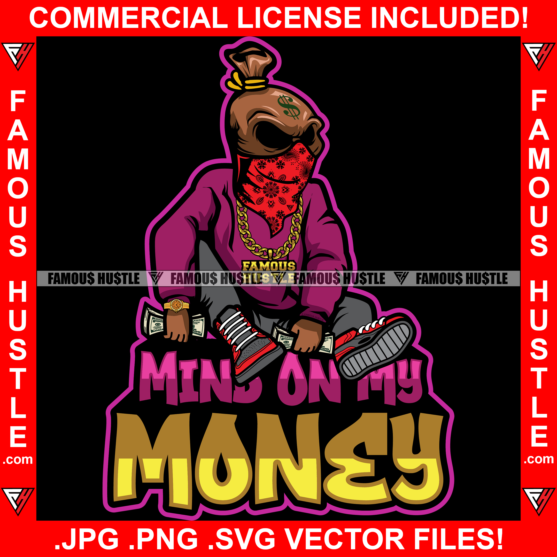 Mind On My Money Gangster Cash Bag Cartoon Character Skull Face Mask Gold Jewelry Necklace Sneakers Hip Hop Trap Street Hood Ghetto Thug Hustler
