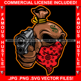 Focus On The Hustle Famous Hustle Gangster Cash Money Bag Cartoon Character Gun Mean Angry Face Bandanna Dollar Sign Hustler Hustling Trap Trapper Gangsta Art Graphic Design Logo T-Shirt Print Printing JPG PNG SVG Vector Cut File