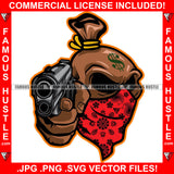 Focus On The Hustle Famous Hustle Gangster Cash Money Bag Cartoon Character Gun Mean Angry Face Bandanna Dollar Sign Hustler Hustling Trap Trapper Gangsta Art Graphic Design Logo T-Shirt Print Printing JPG PNG SVG Vector Cut File