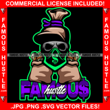 Famous Hustle Gang Mafia Gangster Money Bag Cartoon Character Angry Face Cash Bags Bandanna Pointing Gun Dollar Sign Hustler Hustling Quote Trap Trapper Gangsta Art Graphic Design Logo T-Shirt Print Printing JPG PNG SVG Vector Cut File