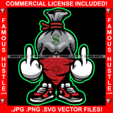 Get Money Gangster Cash Money Bag Cartoon Character Bandanna Showing Middle Finger Dollar Sign Hustler Hustling Famous Hustle Trap Trapper Gangsta Art Graphic Design Logo T-Shirt Print Printing JPG PNG SVG Vector Cut File