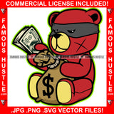 Famous Hustle Gangster Teddy Bear Burglar Eye Mask Scar Face Cash Money Bag Bundle Tattoo Hip Hop Rap Trap Hustler Famous Hustling Rap Hip Hop Rapper Art Graphic Design Logo T-Shirt Print Printing JPG PNG SVG Vector Cut File