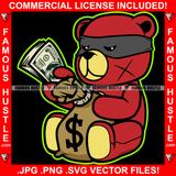 Famous Hustle Gangster Teddy Bear Burglar Eye Mask Scar Face Cash Money Bag Bundle Tattoo Hip Hop Rap Trap Hustler Famous Hustling Rap Hip Hop Rapper Art Graphic Design Logo T-Shirt Print Printing JPG PNG SVG Vector Cut File