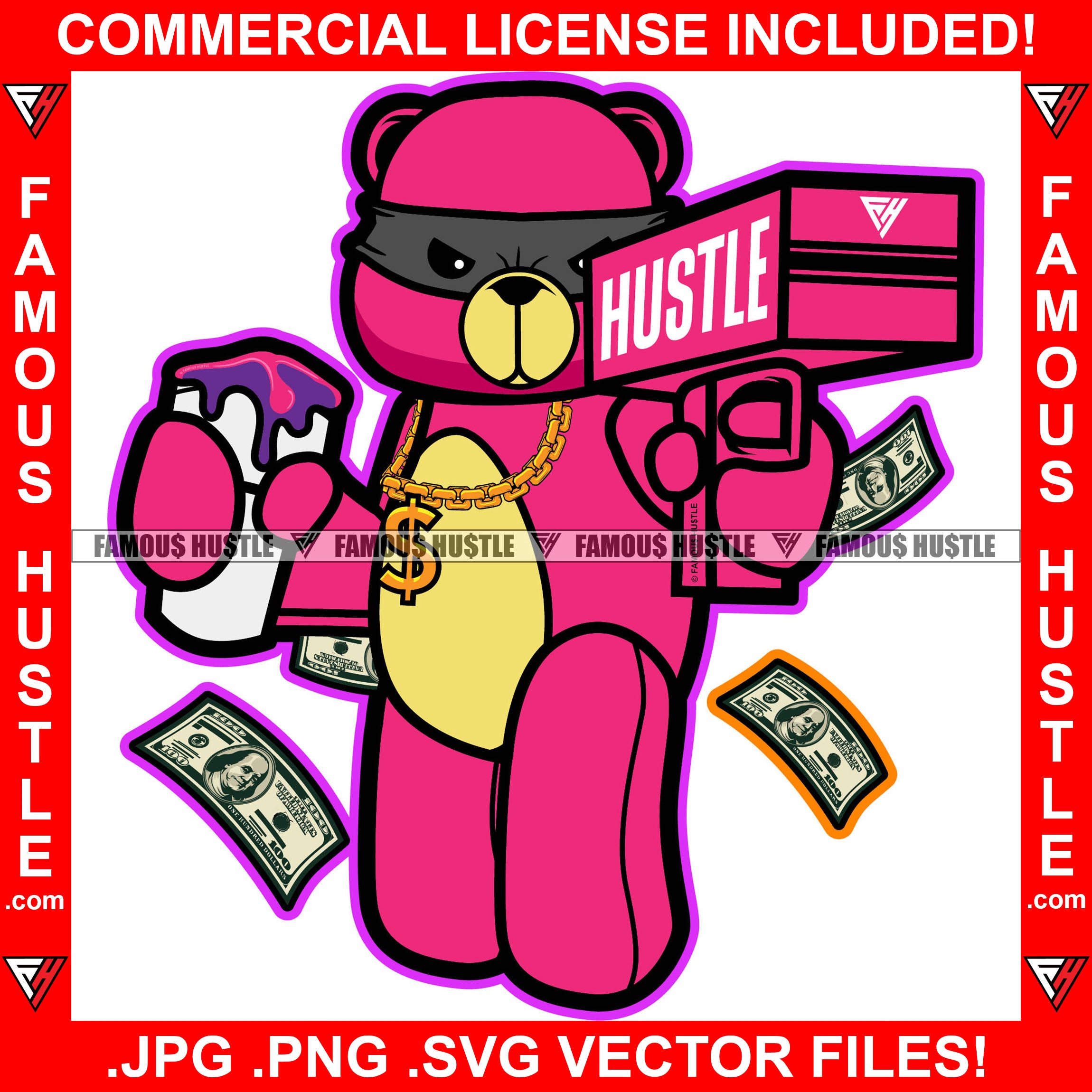 Gangster Teddy Bear Scar Face Gold Necklace Burglar Eye Mask Shooting Money Gun Making It Rain Raining Cash Tattoo Hip Hop Rap Trap Hustler Famous Hustle Hustling Quote Art Graphic Design Logo T-Shirt Print Printing JPG PNG SVG Vector Cut File