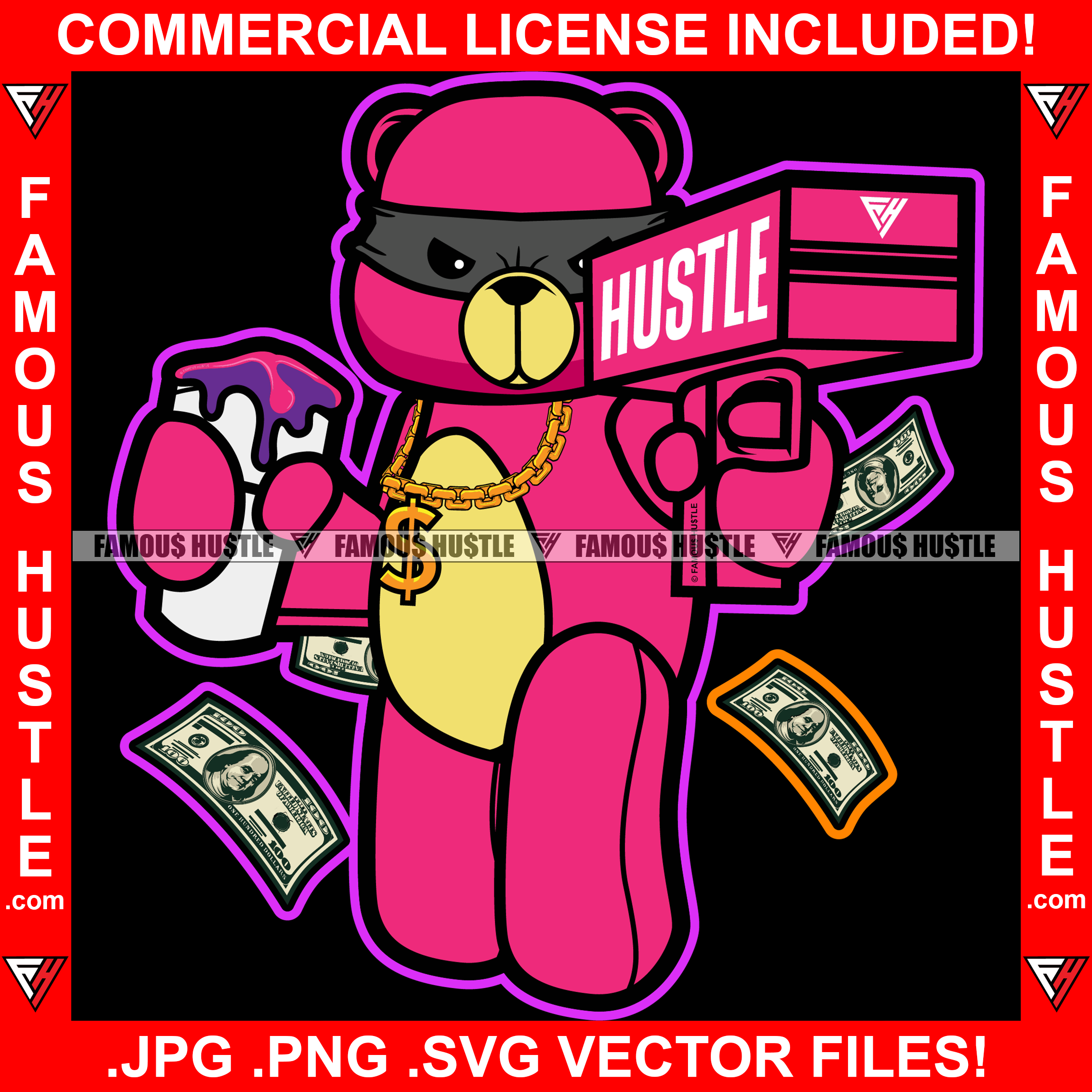 Gangster Teddy Bear Scar Face Gold Necklace Burglar Eye Mask Shooting Money Gun Making It Rain Raining Cash Tattoo Hip Hop Rap Trap Hustler Famous Hustle Hustling Quote Art Graphic Design Logo T-Shirt Print Printing JPG PNG SVG Vector Cut File