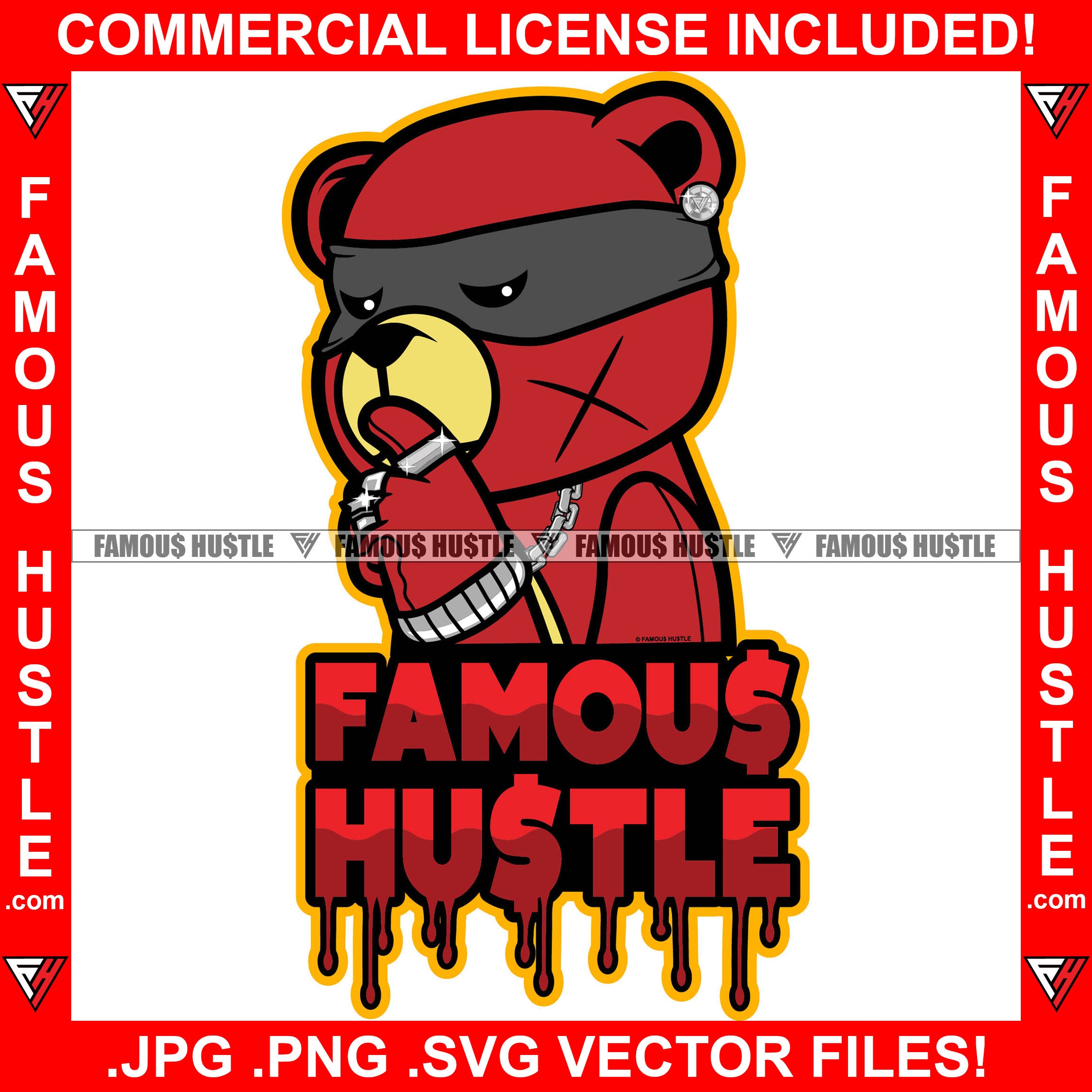 Famous Hustle  Gangster Teddy Bear Scar Face Silver Jewelry Thinking Burglar Eye Mask Rapper Dope Baller Trapper Hustling Flex Quote Art Graphic Design Logo T-Shirt Print Printing JPG PNG SVG Vector Cut File